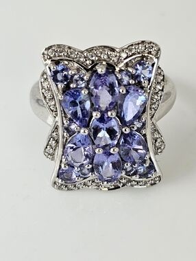 Genuine Tanzanite & White Zircon Ring Sterling Silver Ring Size 8!